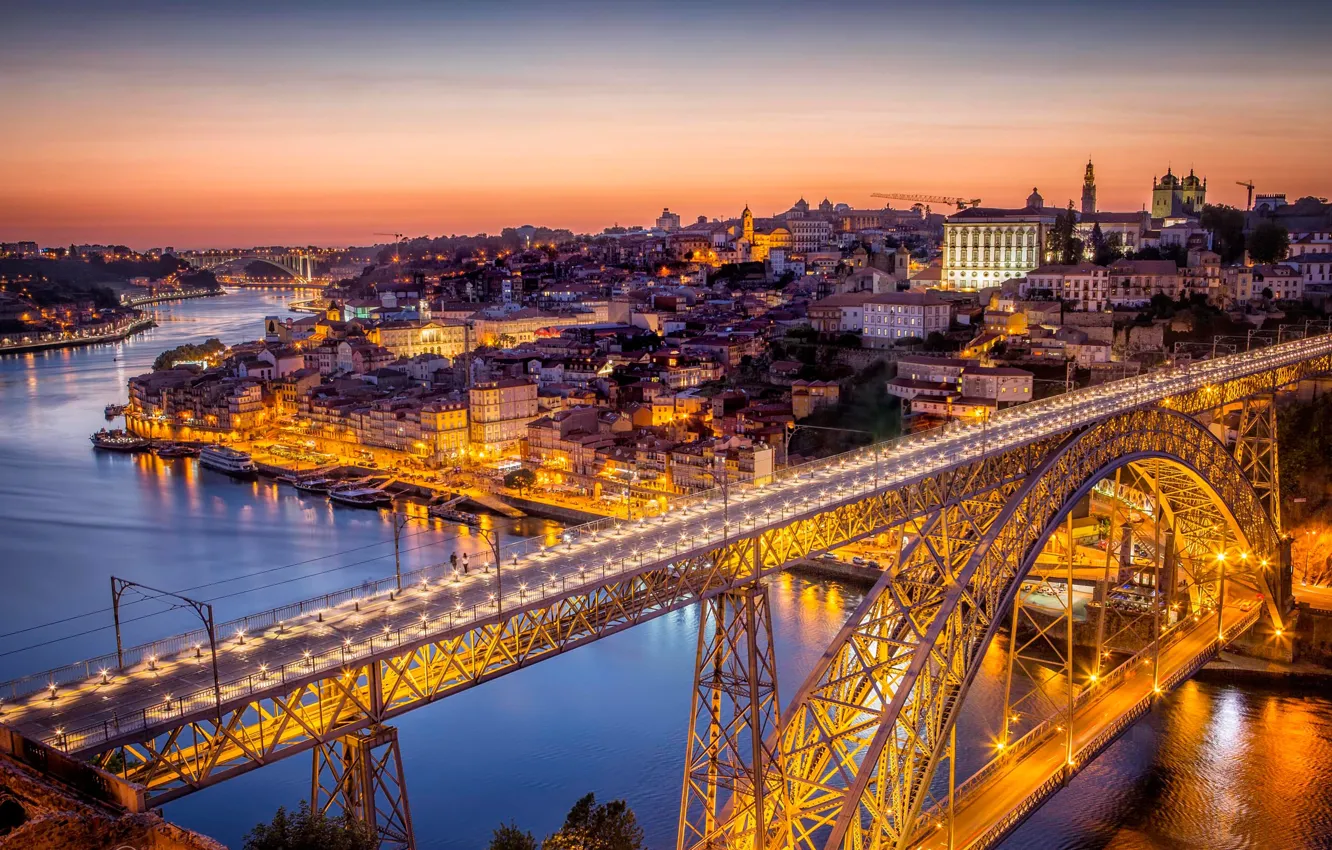 Photo wallpaper bridge, lights, river, home, panorama, Portugal, Porto