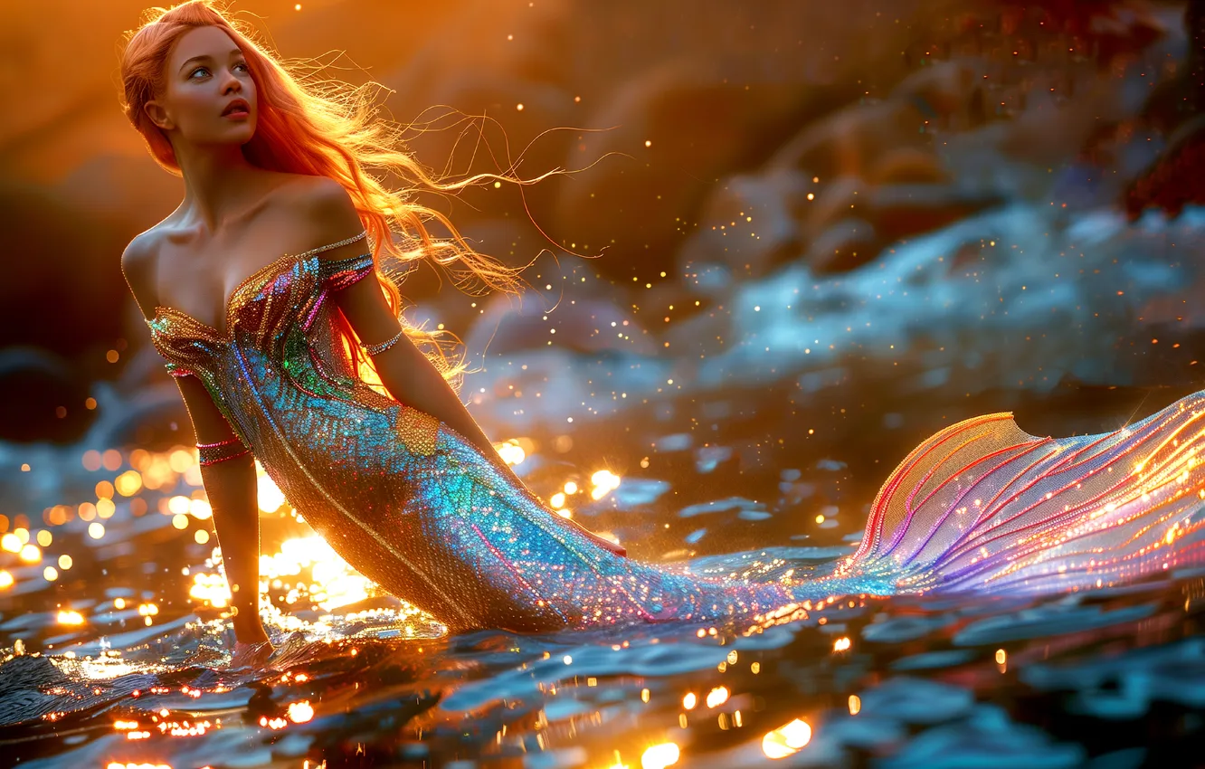 Photo wallpaper water, girl, hair, mermaid, tail, digital art, AI art, The Art of Artificial Intelligence