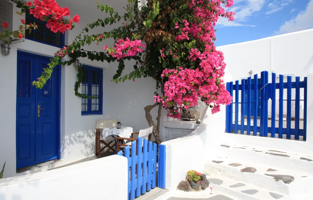 Photo wallpaper Flowers, gate, Santorini, Greece, House, wicket, Flowers, Santorini