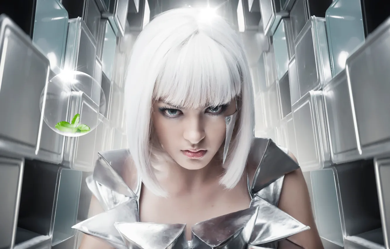 Photo wallpaper look, art, white hair, Space girl