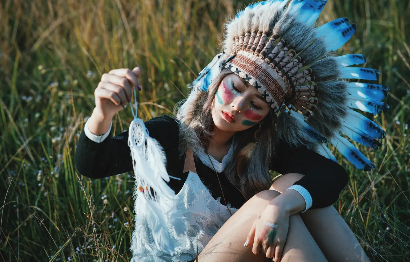 Photo wallpaper summer, girl, nature, face, style, feathers, coloring, headdress