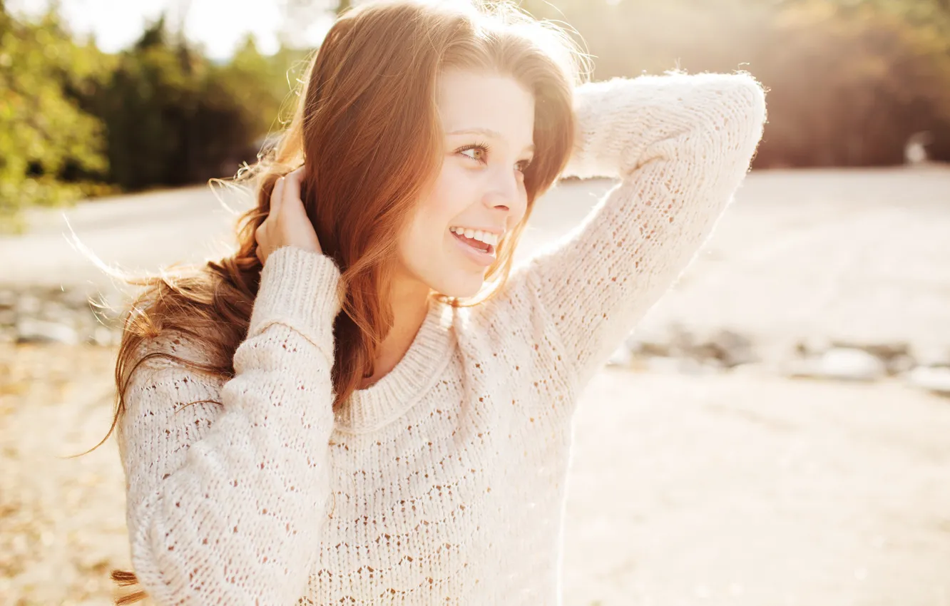 Photo wallpaper look, girl, smile, mood, sweater, TAELOR