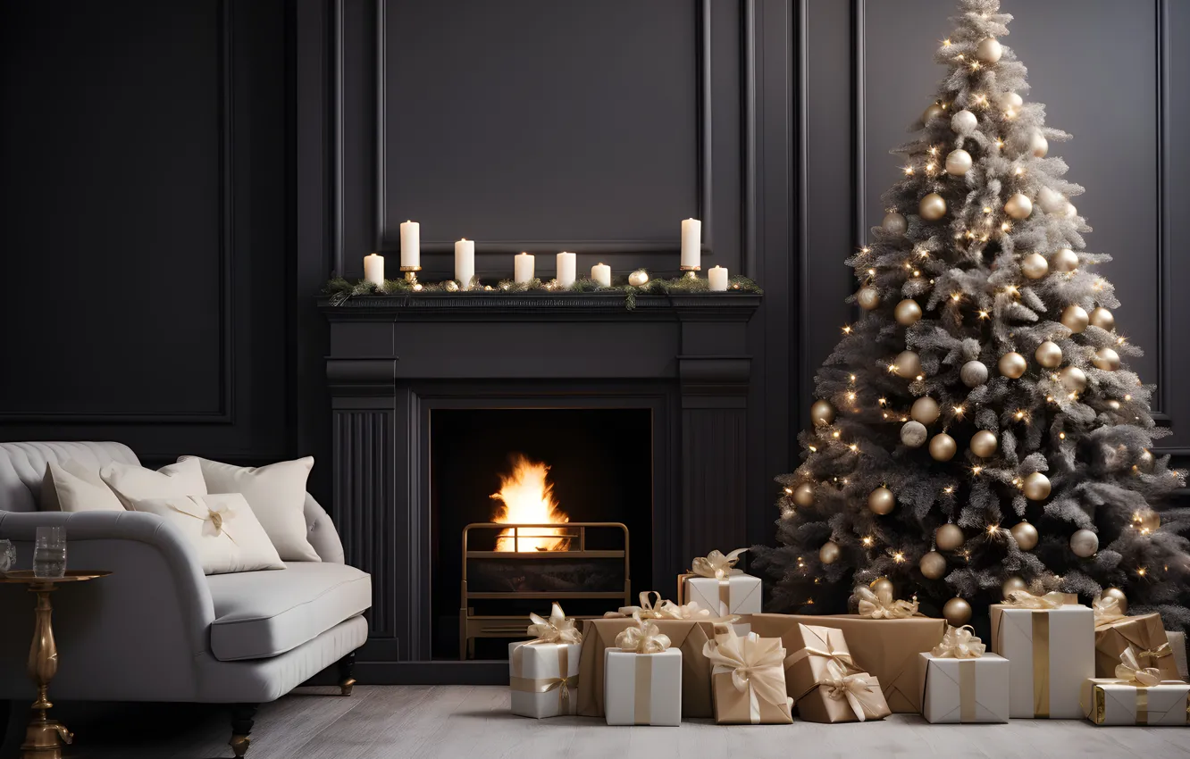 Photo wallpaper decoration, room, gift, balls, tree, new year, interior, Christmas