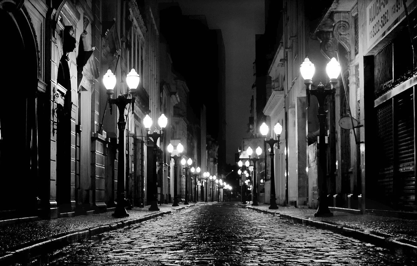 Photo wallpaper road, the sky, night, the city, street, home, lights, black and white