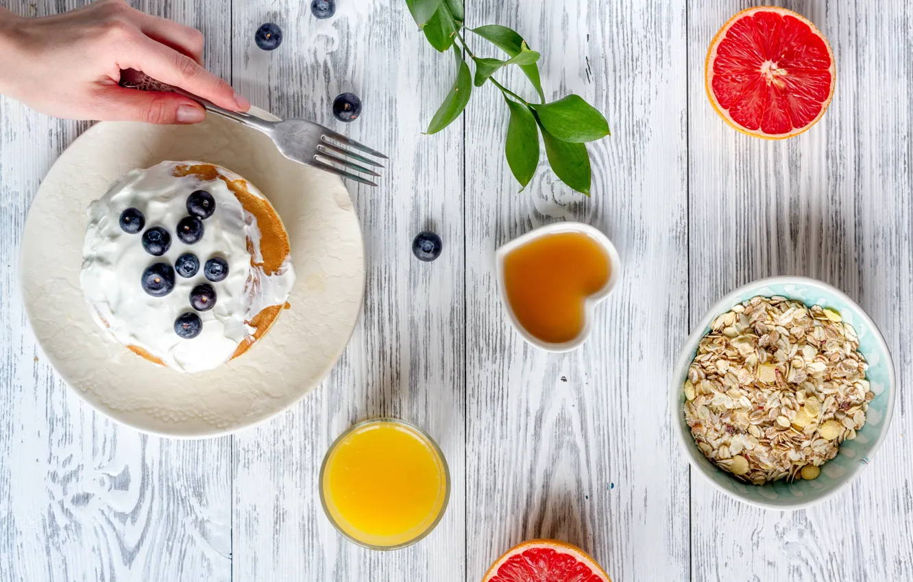 Photo wallpaper berries, Breakfast, juice, pancakes, grapefruit, breakfast, muesli, pancakes