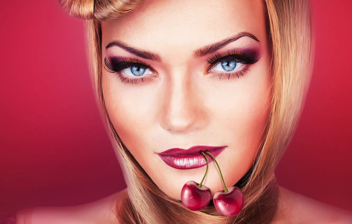 Photo wallpaper eyes, look, blue, bright, makeup, lipstick, hairstyle, blonde