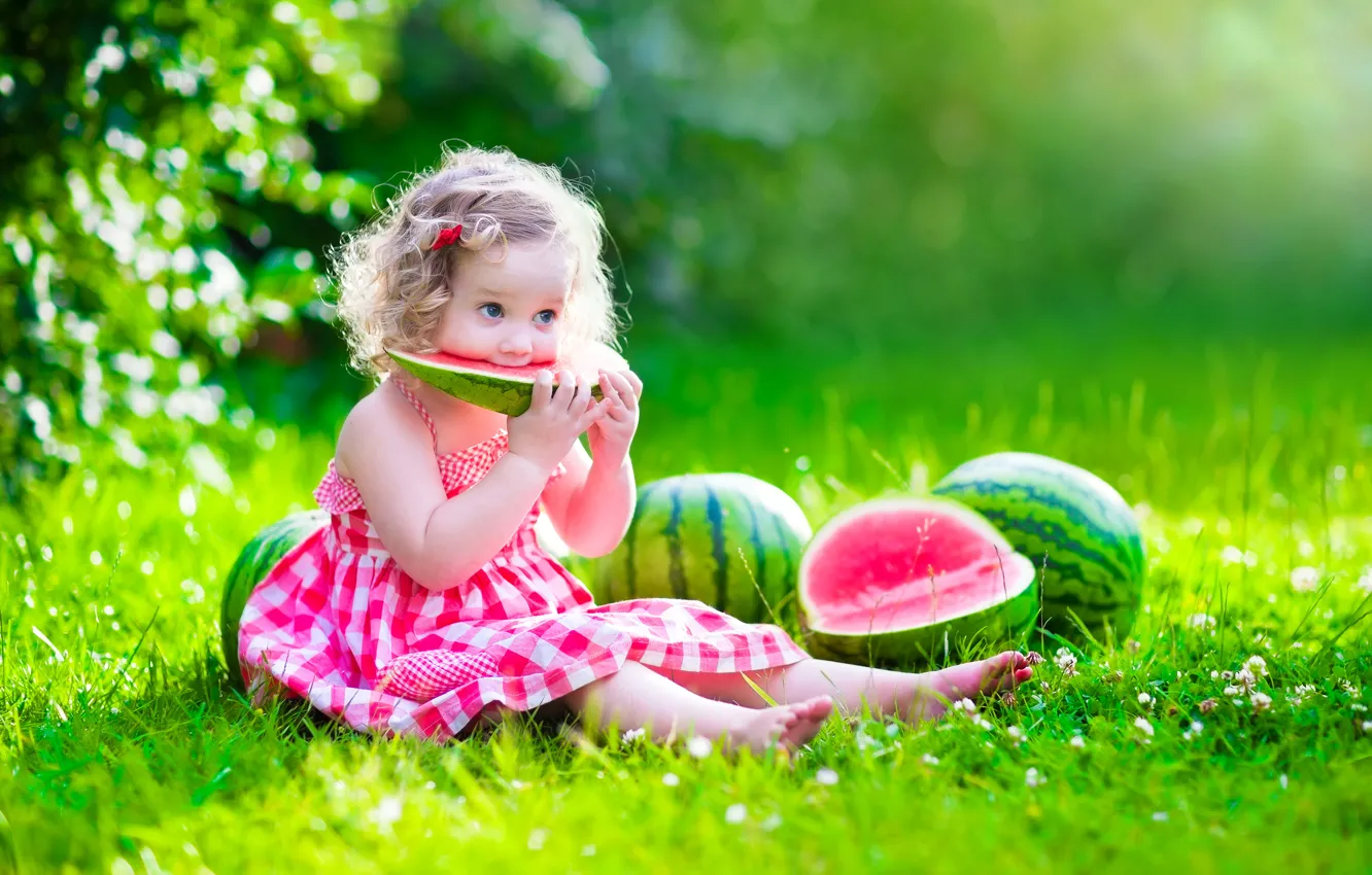Photo wallpaper summer, the sun, children, glade, watermelon, dress, girl, summer