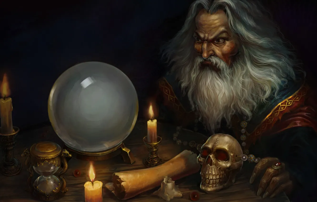 Photo wallpaper watch, skull, ball, candles, art, the old man, the sorcerer, azkallor