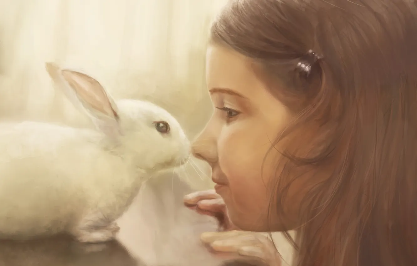 Photo wallpaper white, table, animal, tenderness, child, rabbit, art, girl