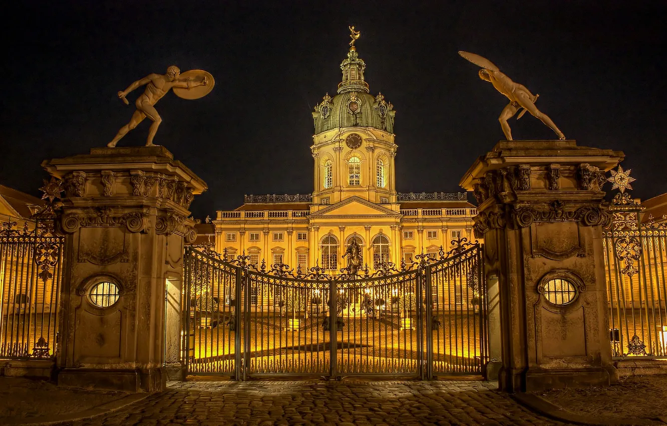 Photo wallpaper night, lights, castle, gate, Germany, Berlin, Charlottenburg
