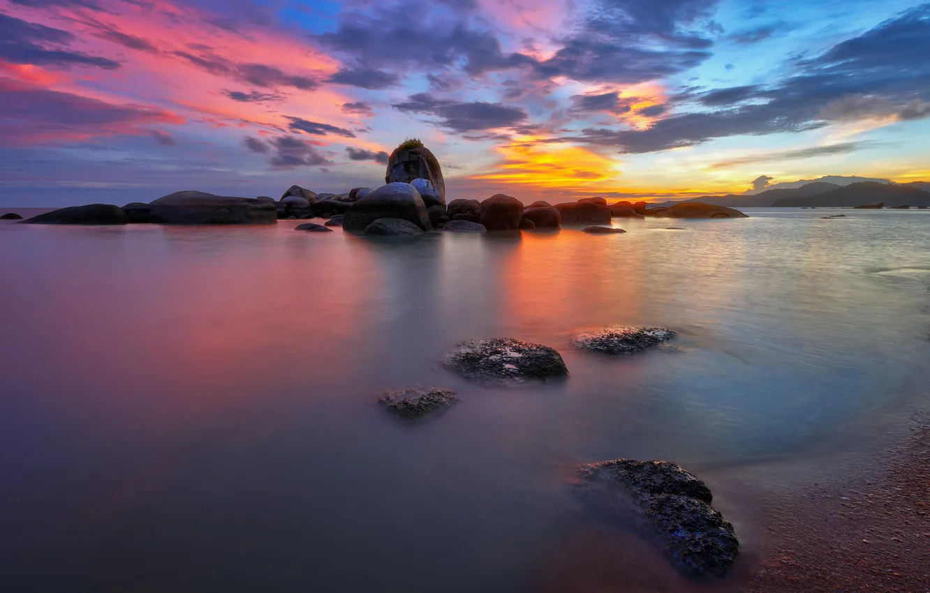 Photo wallpaper sea, the sky, clouds, sunset, stones, rocks, glow