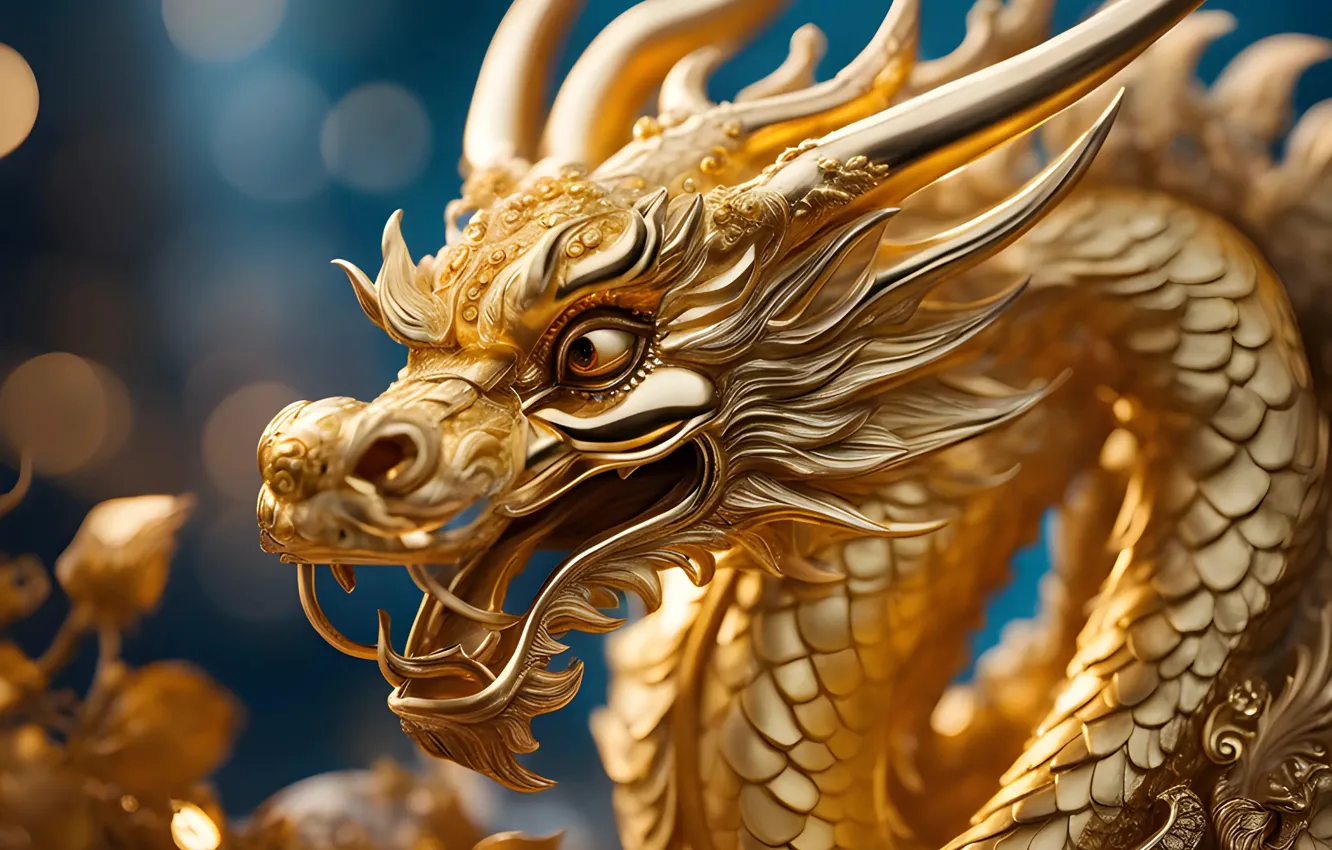 Photo wallpaper dragon, colorful, New year, golden, gold, symbol, Chinese, symbol of the year