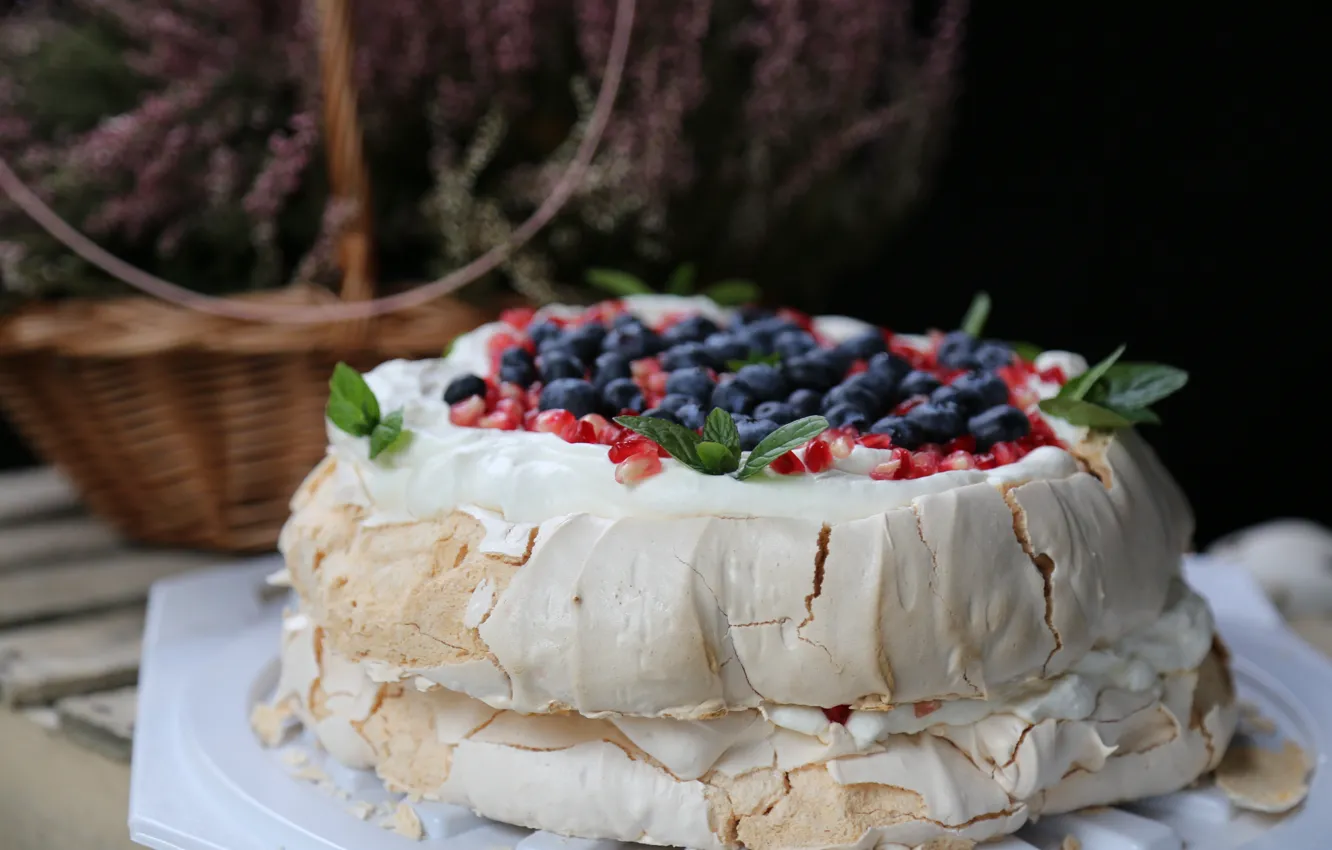 Photo wallpaper berries, cake, cream, dessert, meringue