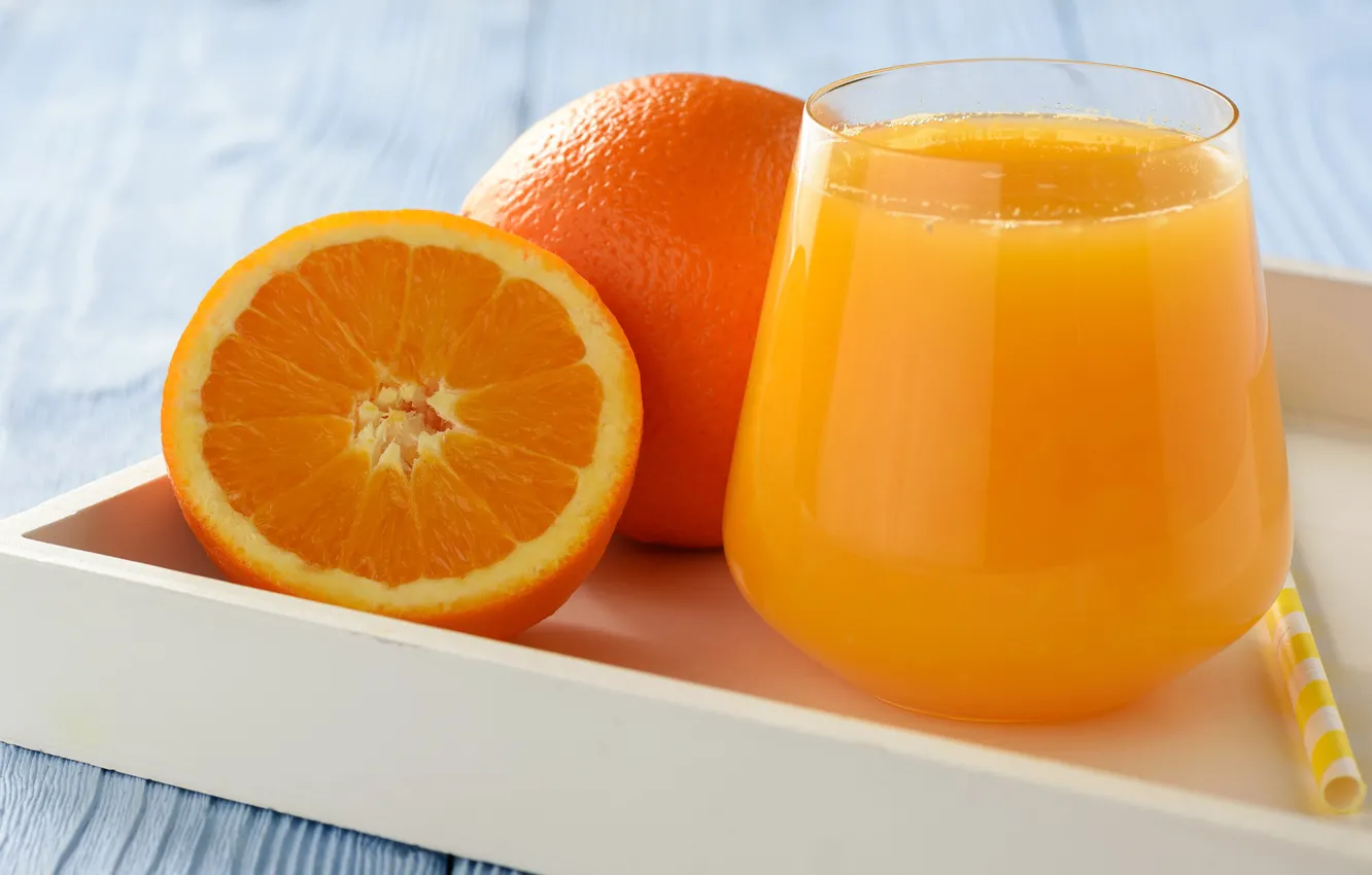 Photo wallpaper close-up, glass, oranges, juice, tube, fruit, tray, bokeh