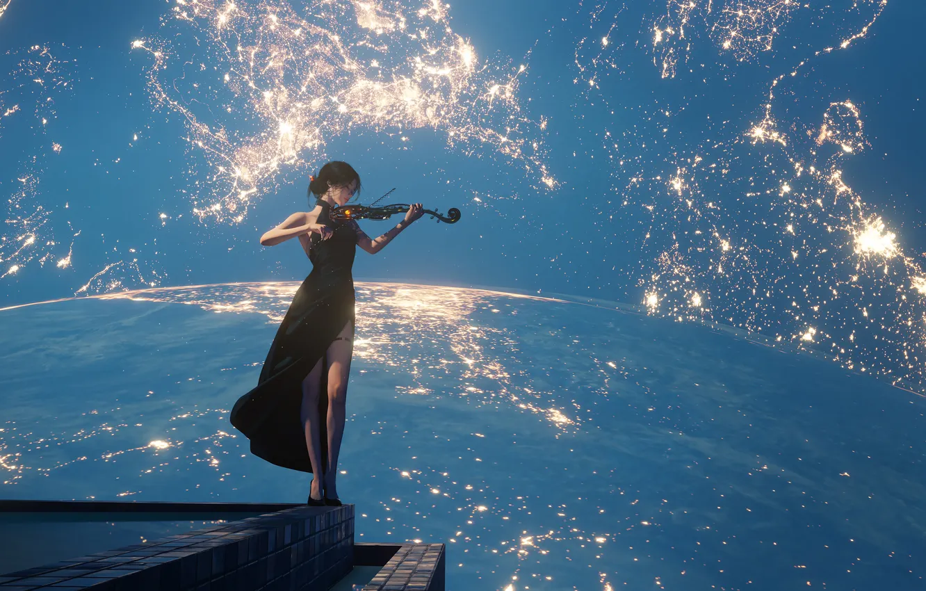 Photo wallpaper girl, violin, playing, starry sky