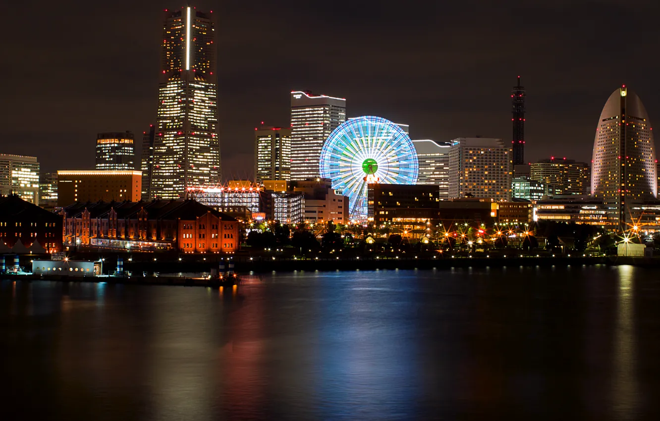 Photo wallpaper night, lights, reflection, Japan, backlight, port, Bay, Ferris wheel