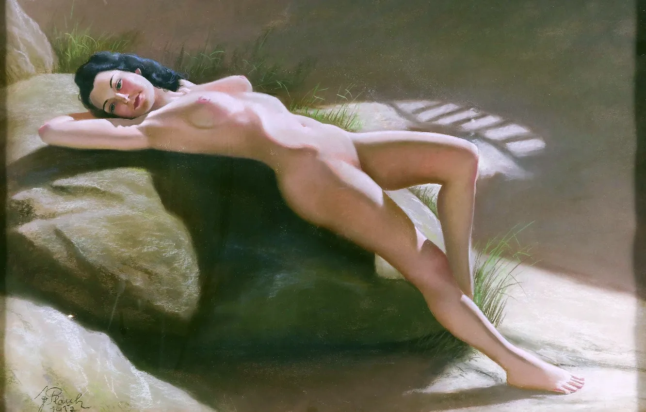 Photo wallpaper Girl, Stone, Picture, Naked, Austrian artist, Joseph Planck, Josef Plank, Naked woman on the beach
