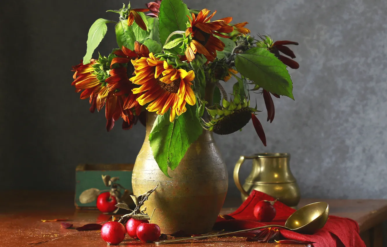 Photo wallpaper leaves, sunflowers, flowers, orange, table, bouquet, fabric, vase