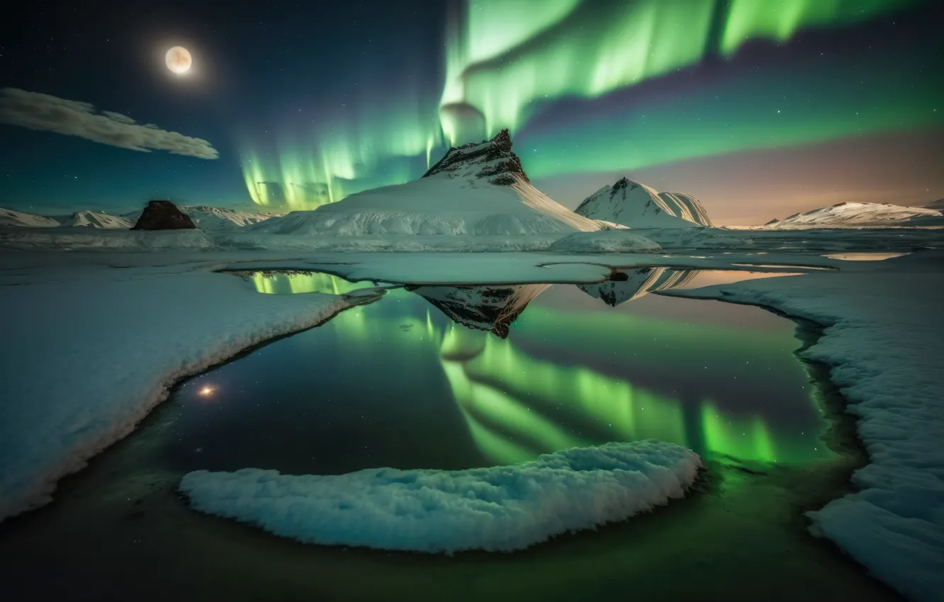 Photo wallpaper winter, the sky, light, snow, landscape, mountains, night, nature