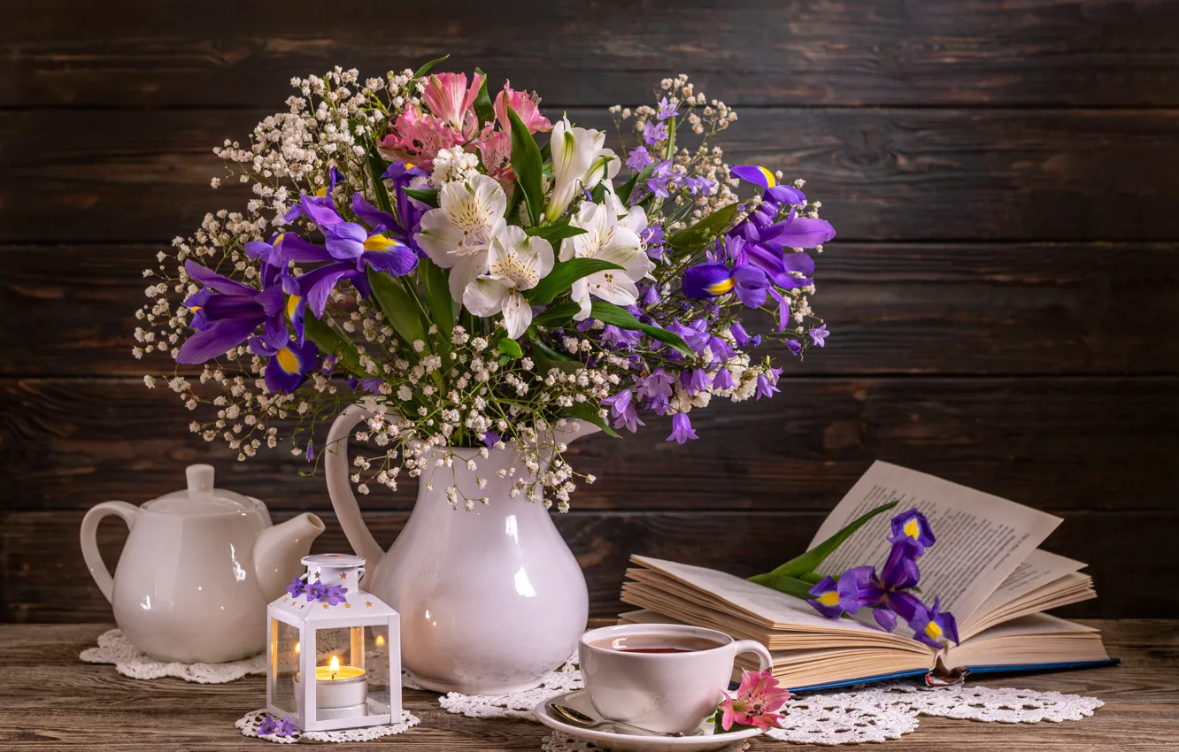 Photo wallpaper flowers, style, book, vase