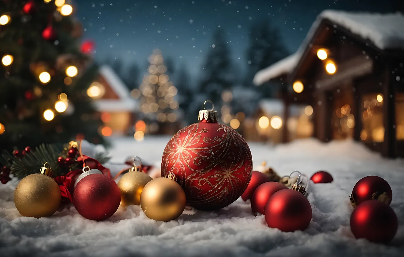 Photo wallpaper snow, decoration, night, balls, tree, new year, Christmas, Christmas