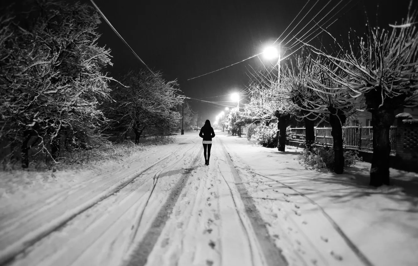 Photo wallpaper winter, white, girl, snow, trees, Street, lights