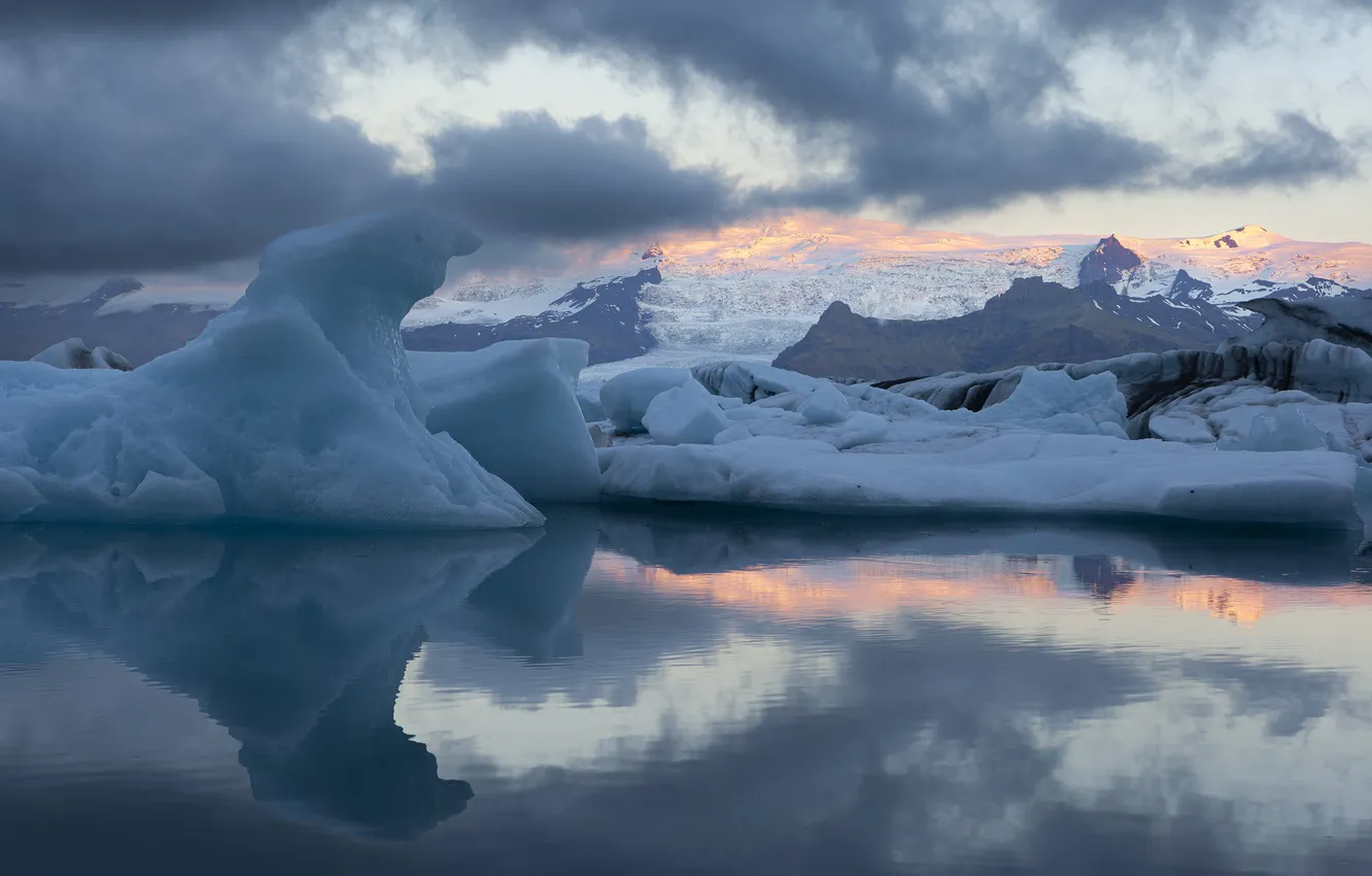 Photo wallpaper ice, winter, water, clouds, snow, nature, reflection, rocks