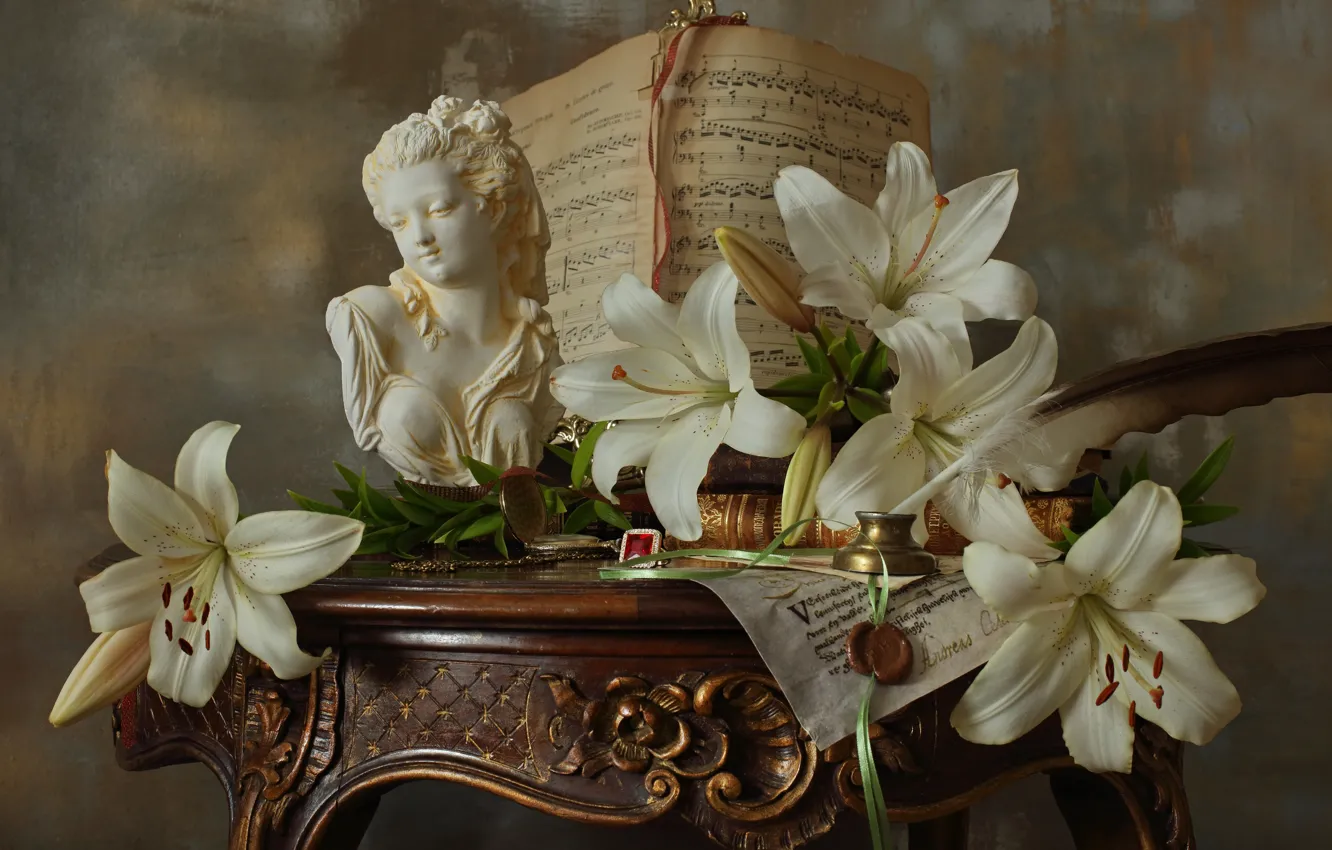 Photo wallpaper flowers, style, notes, pen, Lily, sculpture, white, still life