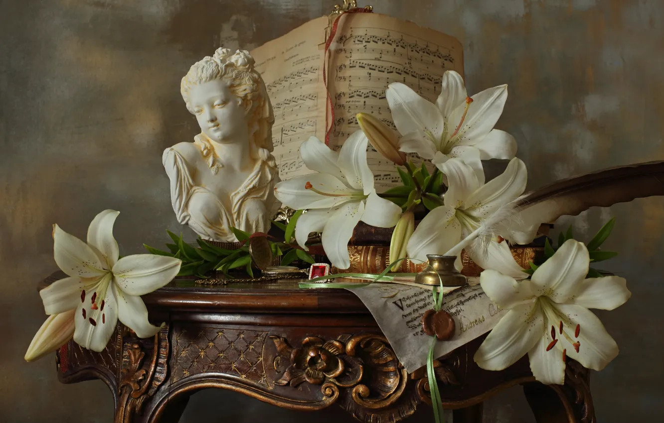 Photo wallpaper flowers, style, notes, Lily, feathers, sculpture, white, still life