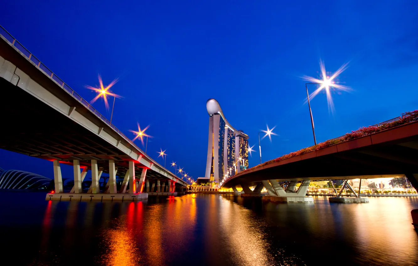 Photo wallpaper bridge, the city, lights, the evening, Singapur