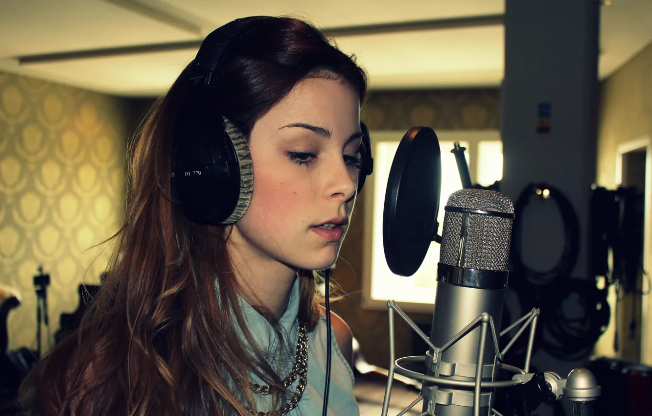 Photo wallpaper girl, headphones, microphone, singer, Lena Meyer Landrut