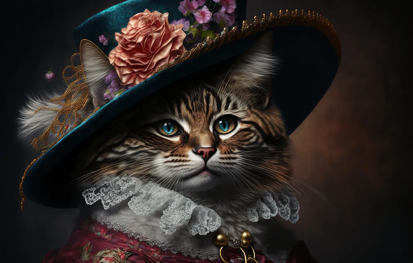 Photo wallpaper cat, cat, look, decoration, flowers, retro, portrait, roses