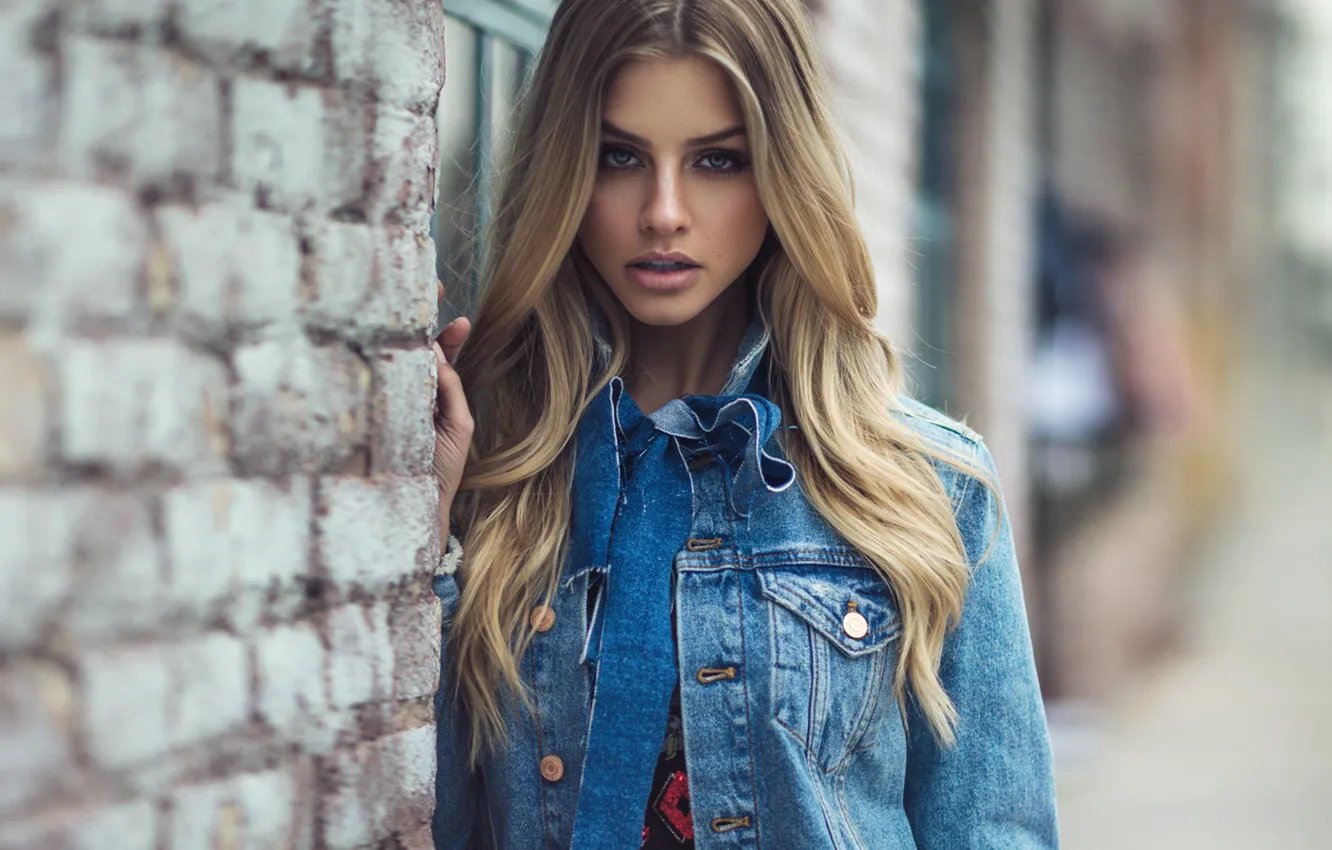 Photo wallpaper girl, blue eyes, model, look, blonde, jeans shirt