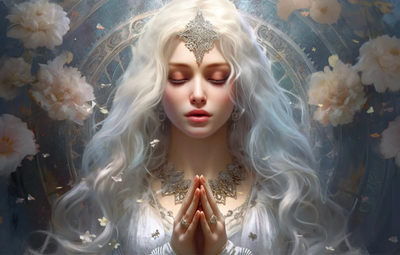 Photo wallpaper neural network, flowers, hands, fairy, light, AI art, blonde, decoration
