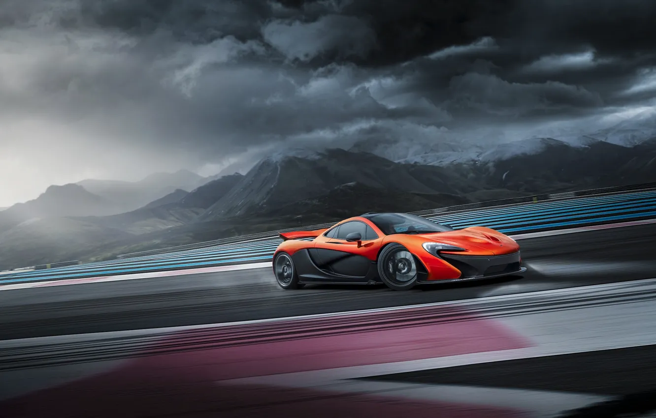Photo wallpaper McLaren, Orange, Clouds, Supercar, Track, Skid, Drifting