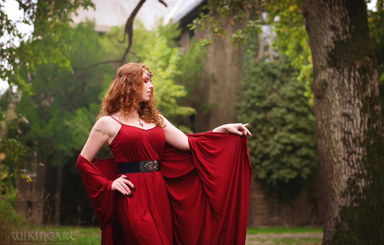 Photo wallpaper girl, decoration, trees, red, nature, pose, castle, foliage