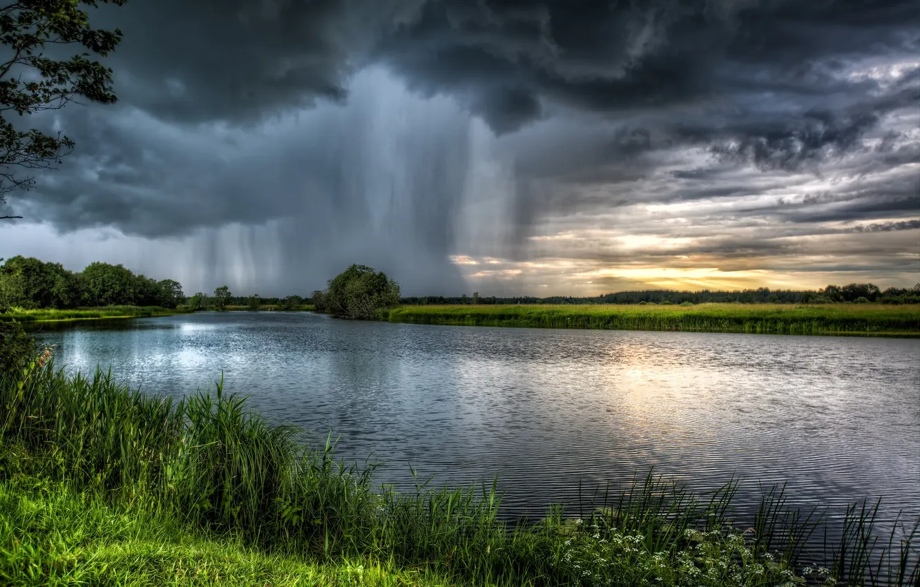 Photo wallpaper grass, clouds, lake, rain, element