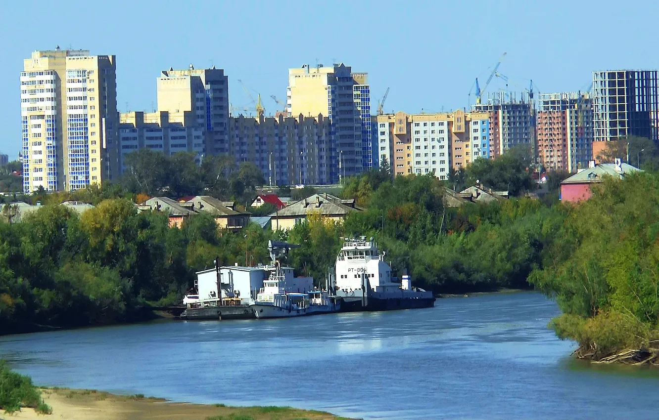 Photo wallpaper summer, the city, construction, River, OMSK, steamers, Siberia