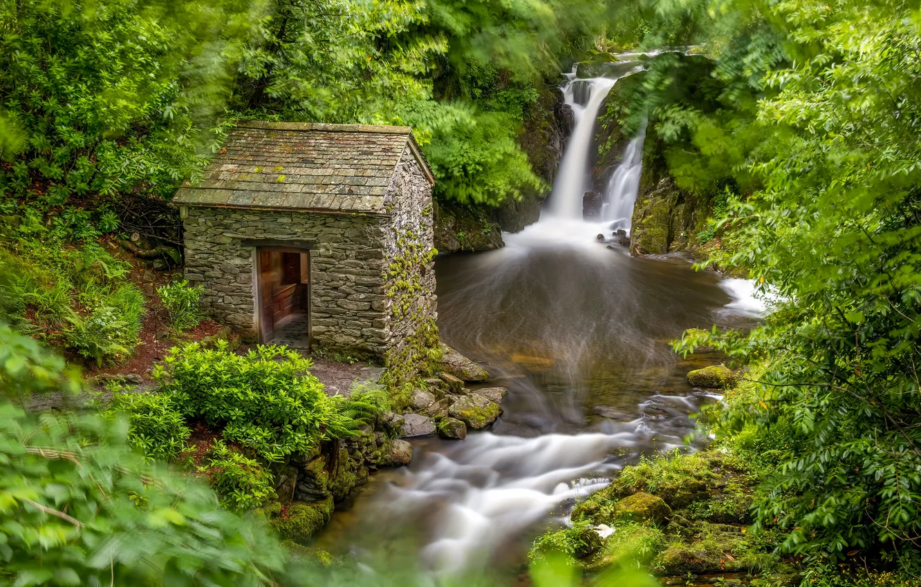 Photo wallpaper forest, river, England, waterfall, house, hut, England, The lake district