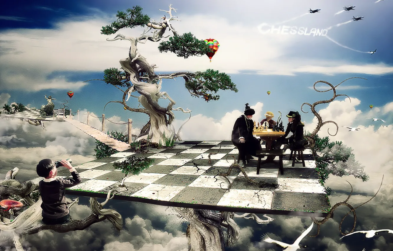 Photo wallpaper trees, fiction, Board, cell, boy, chess