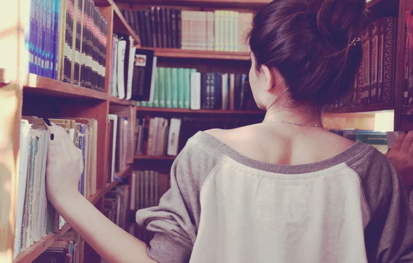 Photo wallpaper girl, search, background, situation, Wallpaper, back, books, brunette