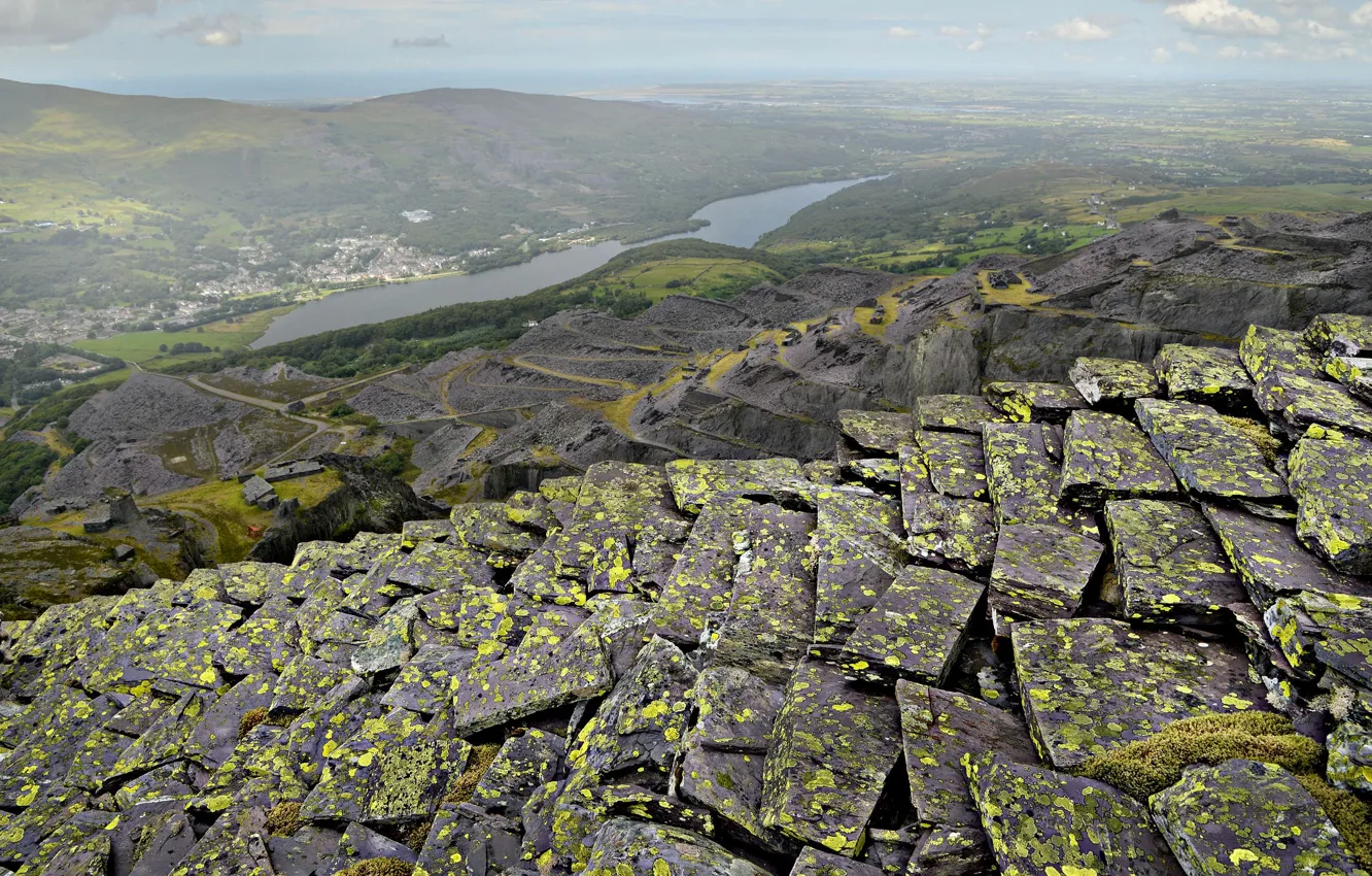 Photo wallpaper lake, stones, panorama, Wales