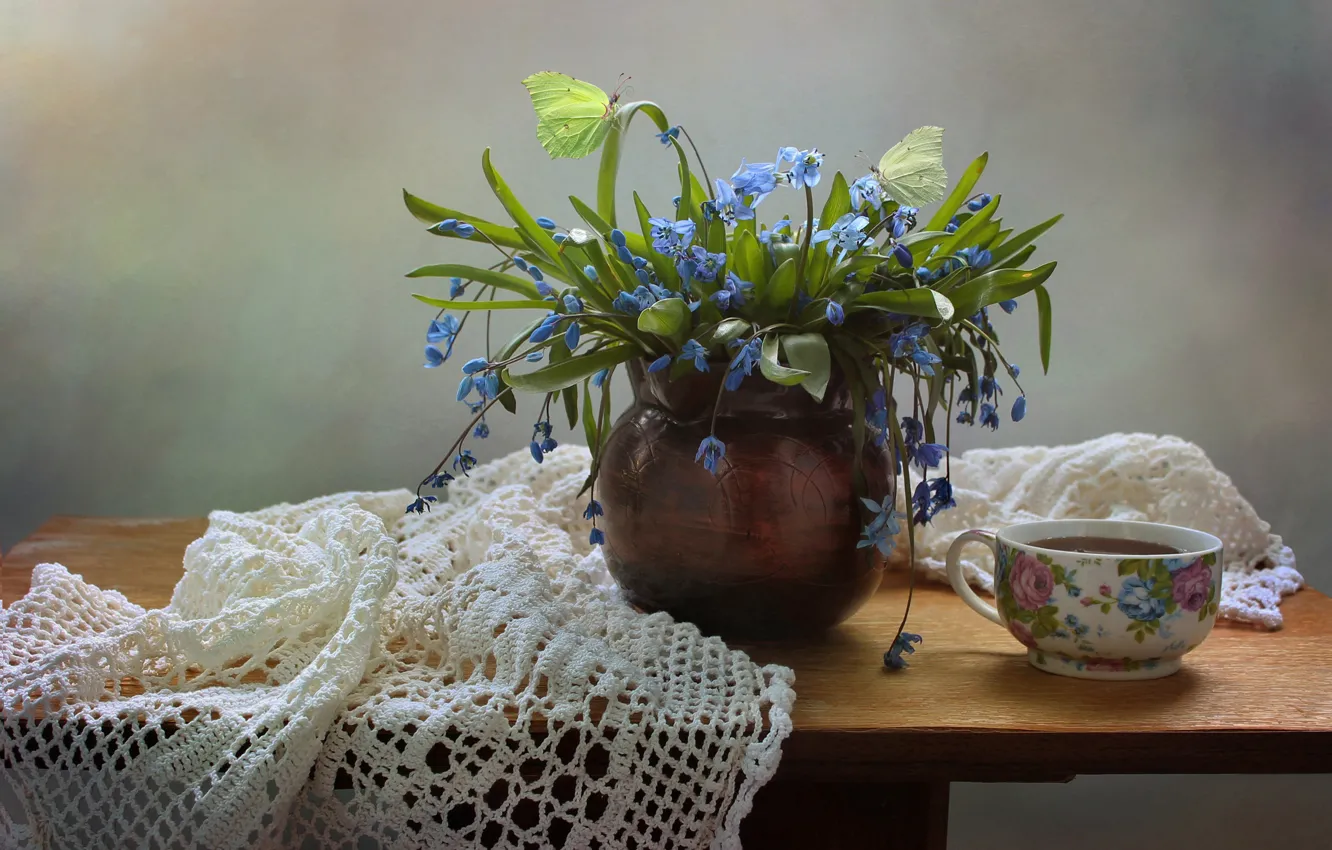 Photo wallpaper tea, still life, Spring flowers