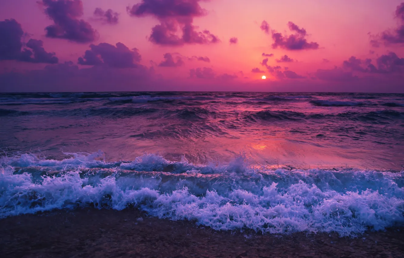 Photo wallpaper waves, beach, sky, sea, landscape, nature, sunset, clouds
