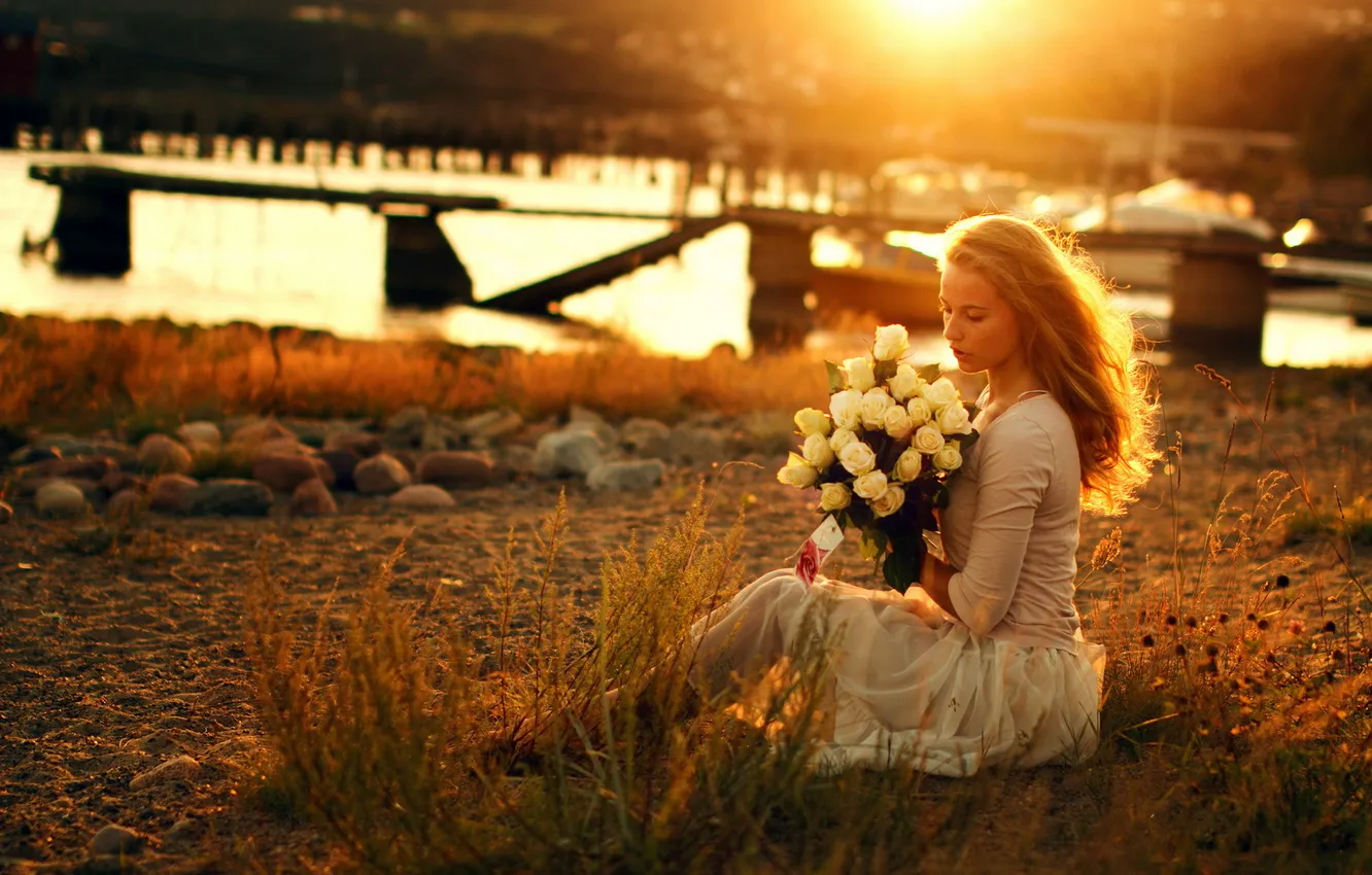 Photo wallpaper girl, light, sunset, roses