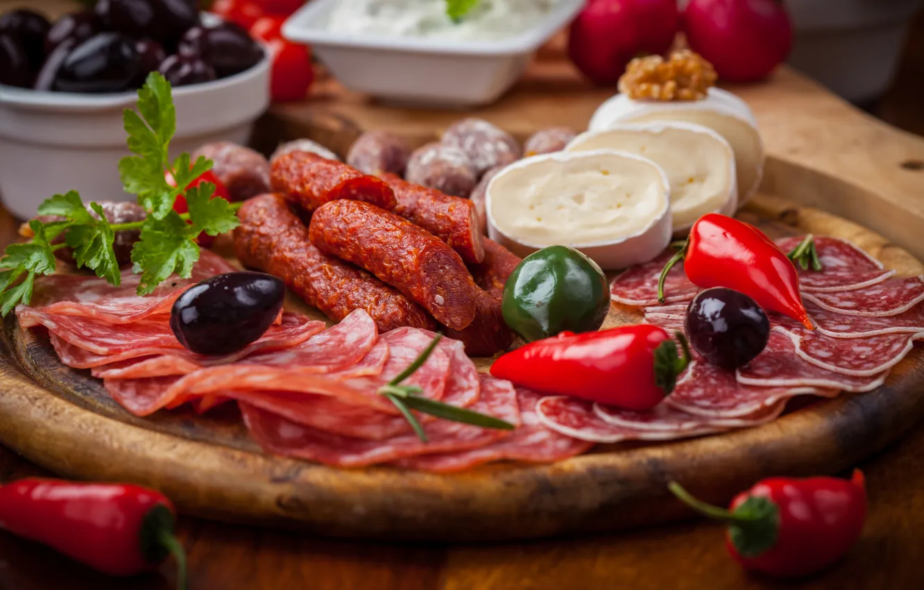 Photo wallpaper greens, food, cheese, meat, pepper, olives, parsley, sausage