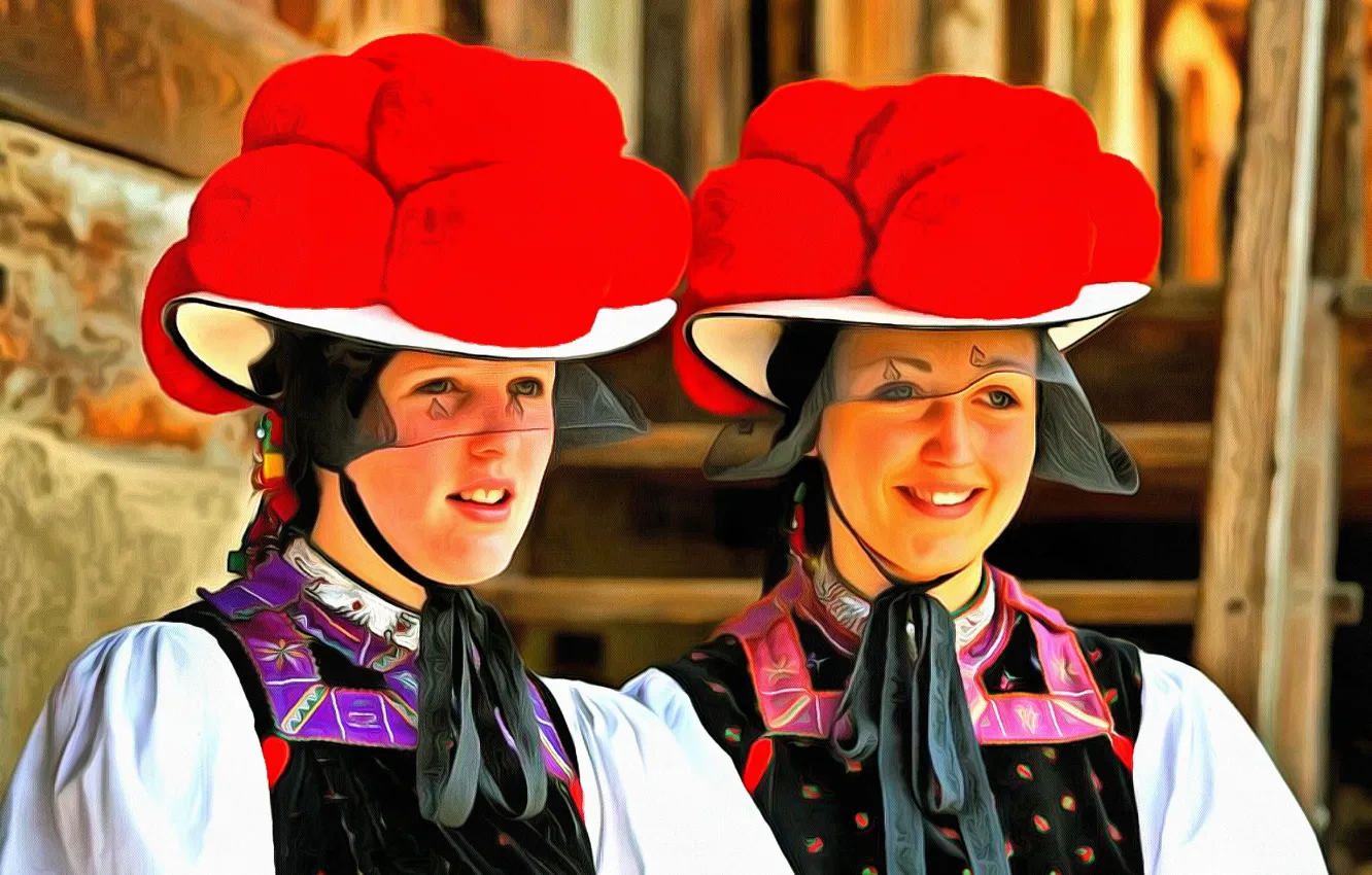 Photo wallpaper smile, Girls, hats, The black forest, national costume, the Germans