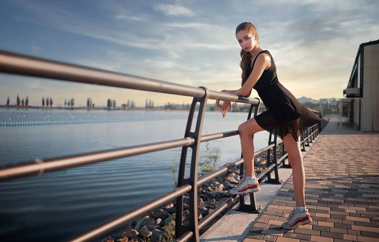 Photo wallpaper girl, pose, hands, figure, dress, legs, promenade, long hair