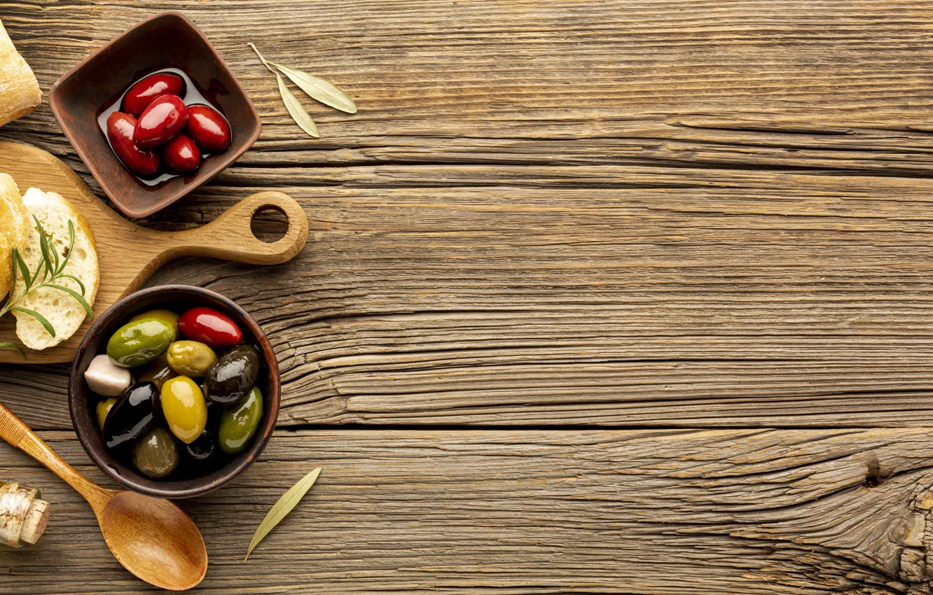 Photo wallpaper Board, bread, bowl, olives, olives