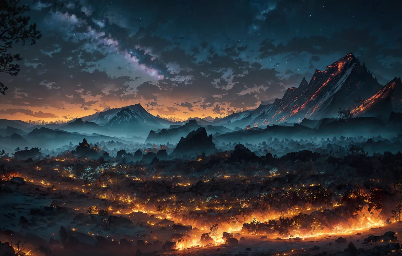 Photo wallpaper fire, twilight, landscape, art, night sky, painting, digital art, Dale